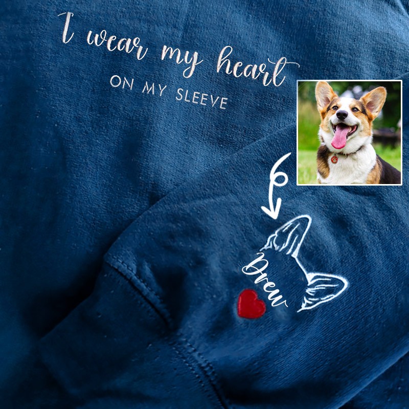 Custom I Wear My Heart On My Sleeve Embroidered Dog and Cat Ear Outline Crewneck For Pet Lover