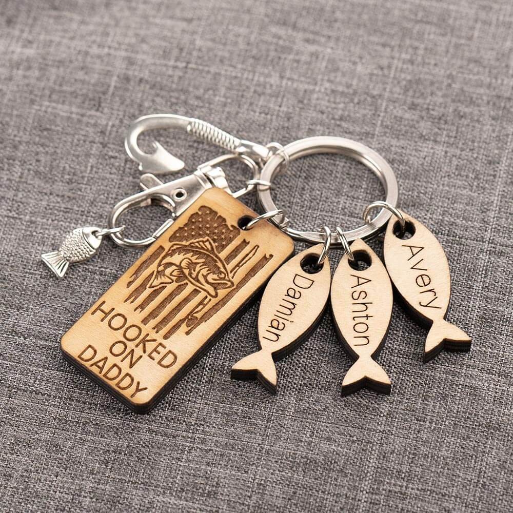 Father's Day Gift Personalized 1-10 Name Engraved Fishing Keychain Daddy Dad Grampa's Keepers