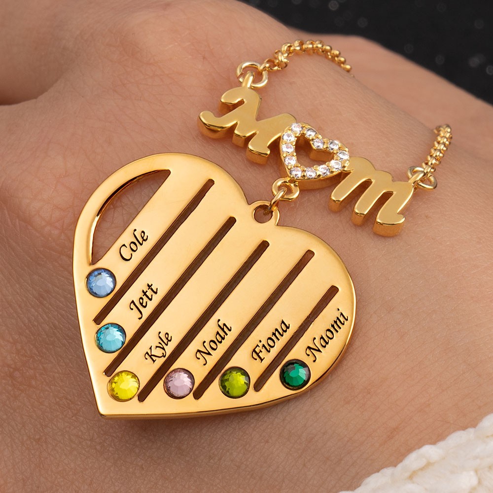 Custom Mum Heart Necklace With Kids Name and Birthstone For Mother's Day Christmas Birthday Gift Ideas