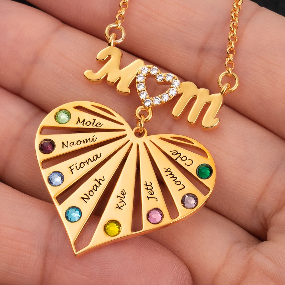 Custom Mum Heart Necklace With Kids Name and Birthstone For Mother's Day Christmas Birthday