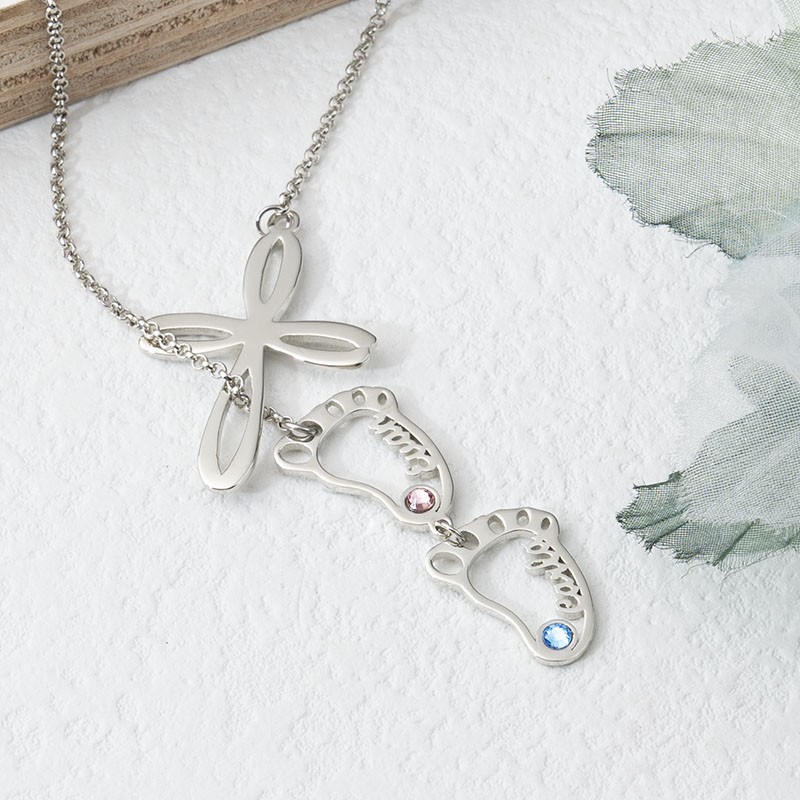 Personalised Mum 1-10 Baby Feet Charms Name Necklace With Birthstone