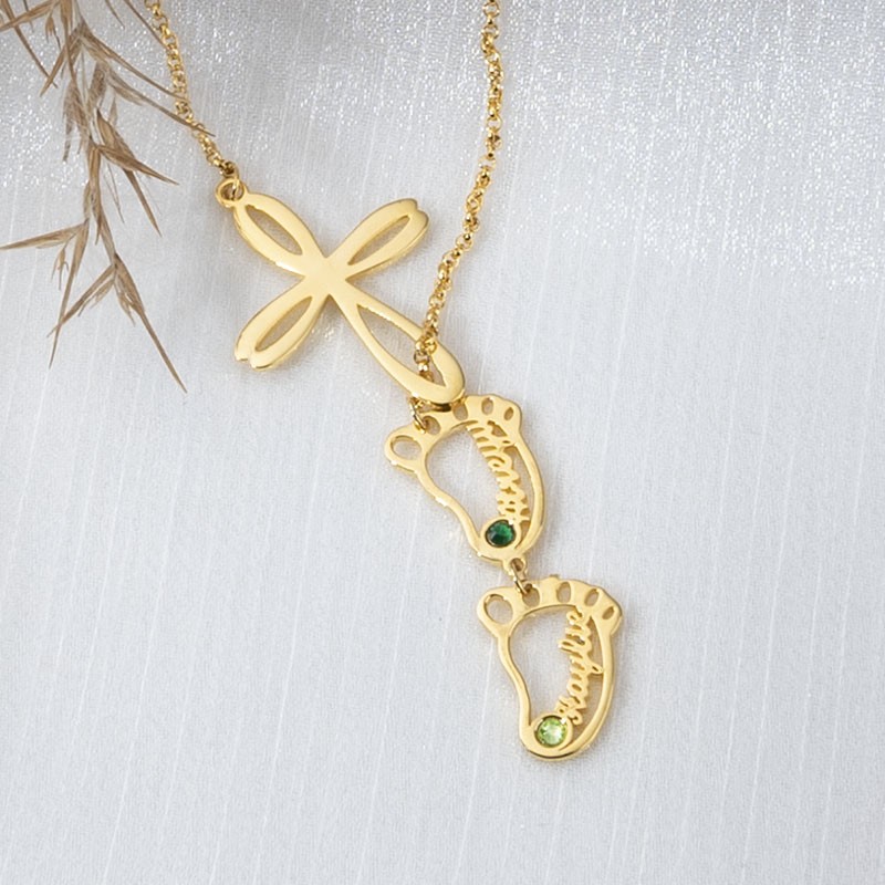 Personalised Mum 1-10 Baby Feet Charms Name Necklace With Birthstone
