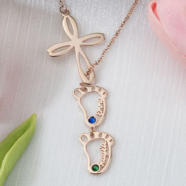 Personalised Mum 1-10 Baby Feet Charms Name Necklace With Birthstone