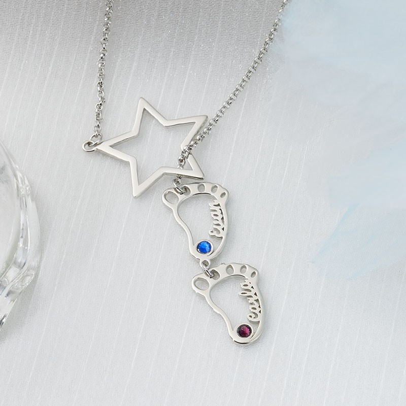 Personalised Baby Feet Charms Name Necklace With Birthstone For Mum Christmas's Day