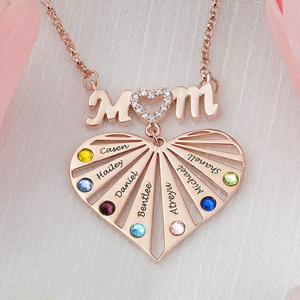 Personalised 1-8 Engraving Name Heart Necklace With Birthstone For Mum
