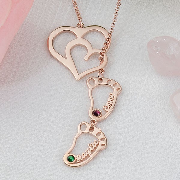 Personalised Baby Feet Charms Name Necklace With Birthstone For Mum Christmas's Day