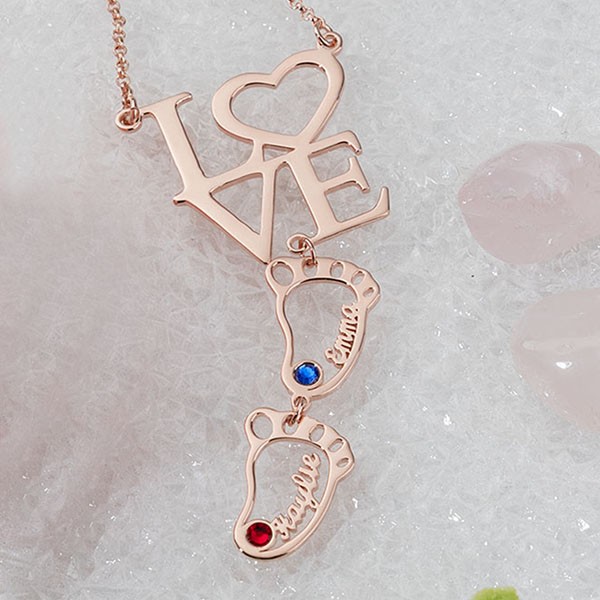 Personalised Baby Feet Charms Name Necklace With Birthstone For Mum Christmas's Day