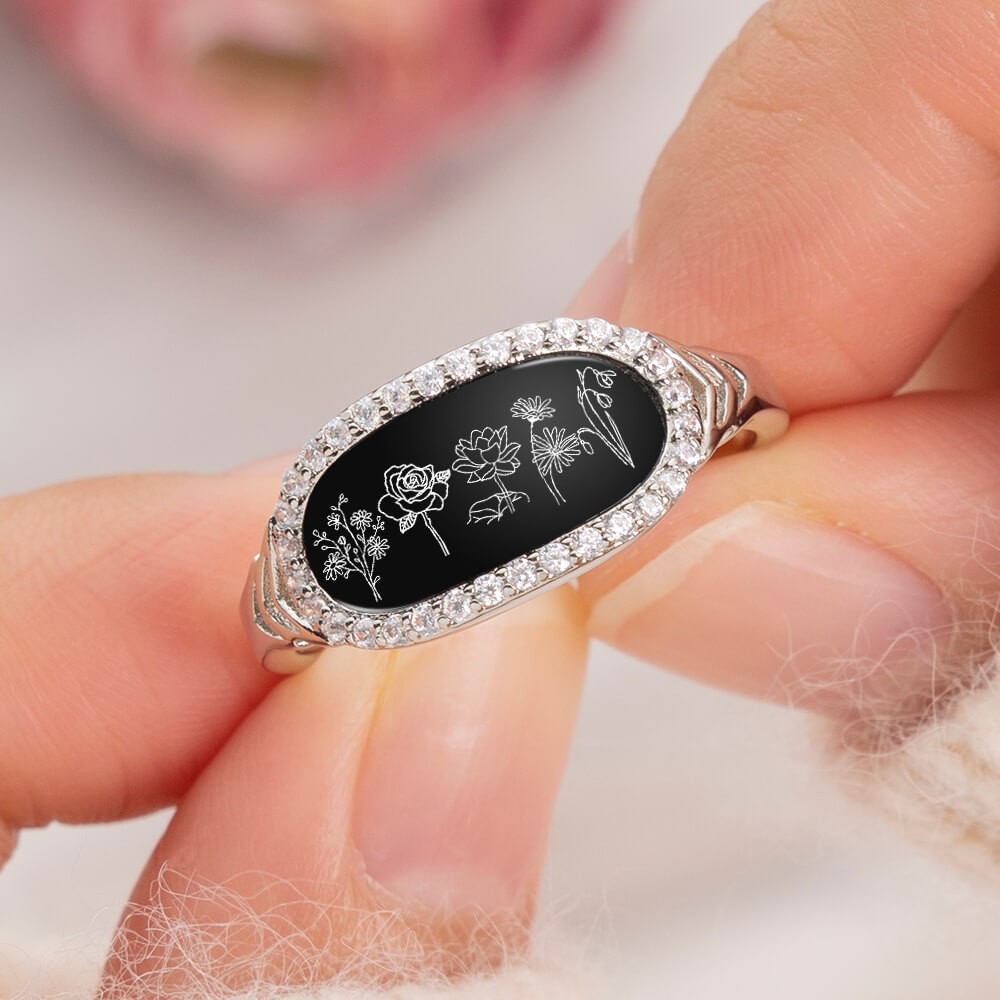 Personalised Birth Month Flower Ring Black Agate For Family Mum