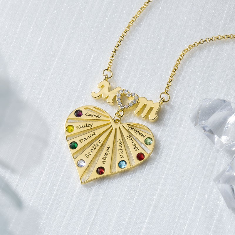 Personalised 1-8 Engraving Name Heart Necklace With Birthstone For Mum