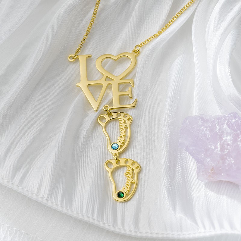 Personalised Baby Feet Charms Name Necklace With Birthstone For Mum Christmas's Day