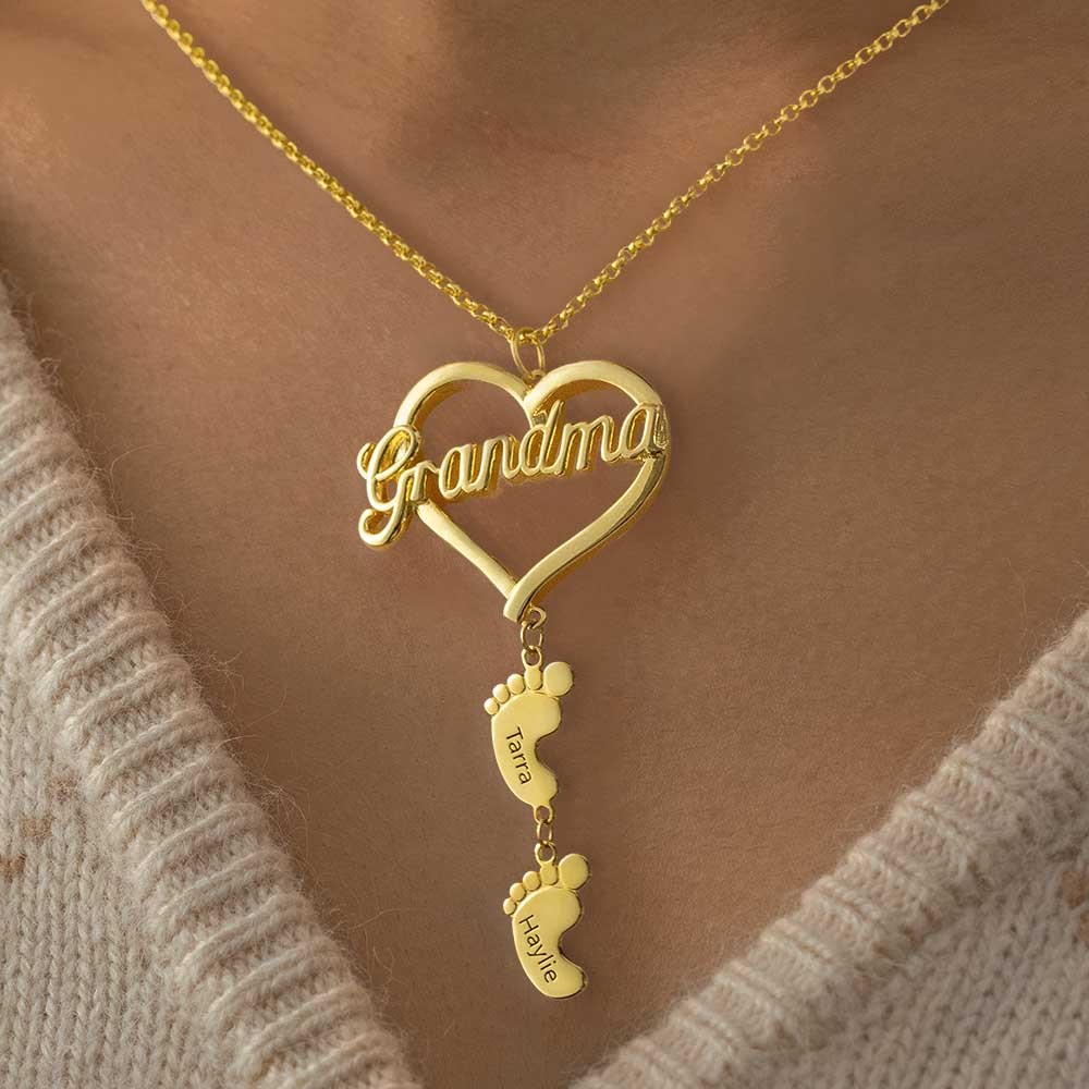 Personalised Grandma Heart Pendant With Baby Feet Name Engraved  Necklace Mother's Day Gift Ideas