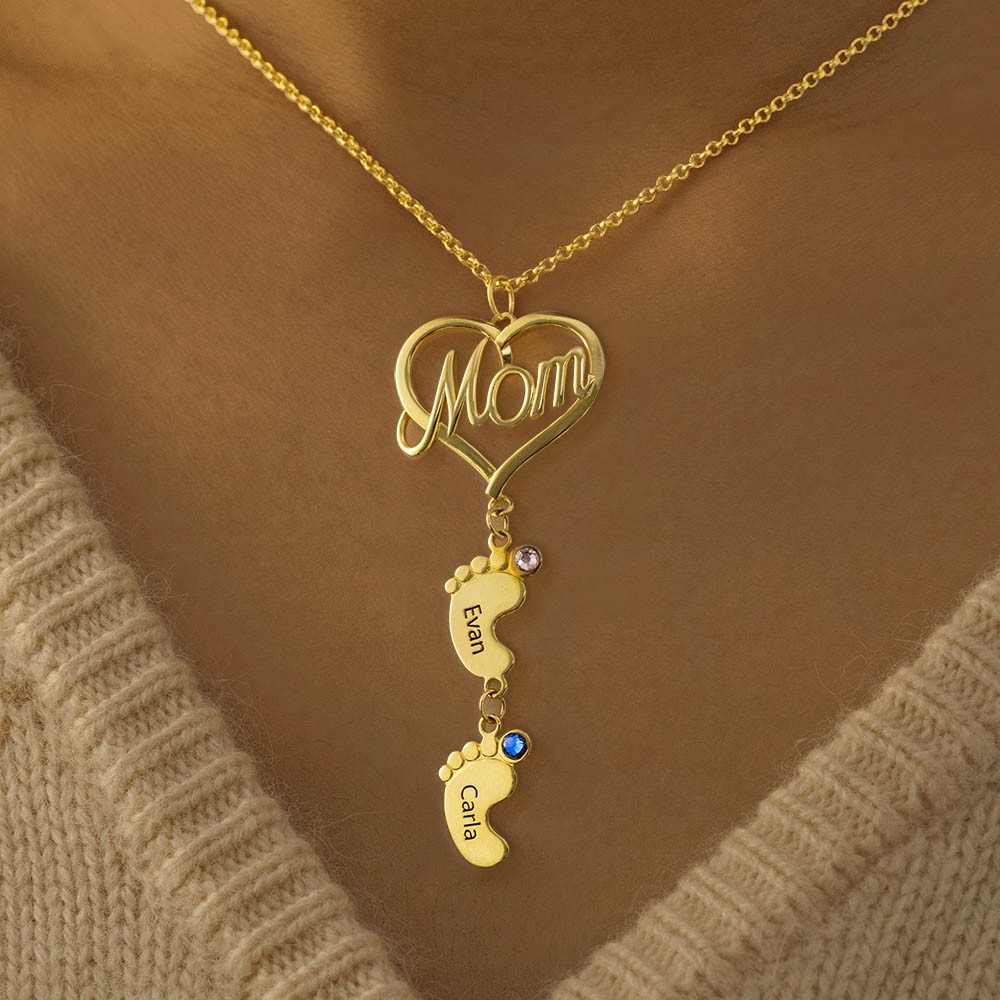 Personalised MOM Heart Pendant With Baby Feet Necklace 1-10 Name and Birthstone For Mother's Day Gift Ideas