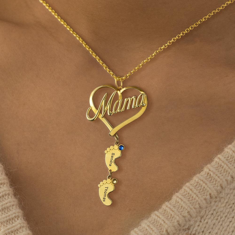 Custom Mama Heart Pendant Baby Feet Necklace With 1-10 Name and Birthstone For Mother's Day Gift Ideas