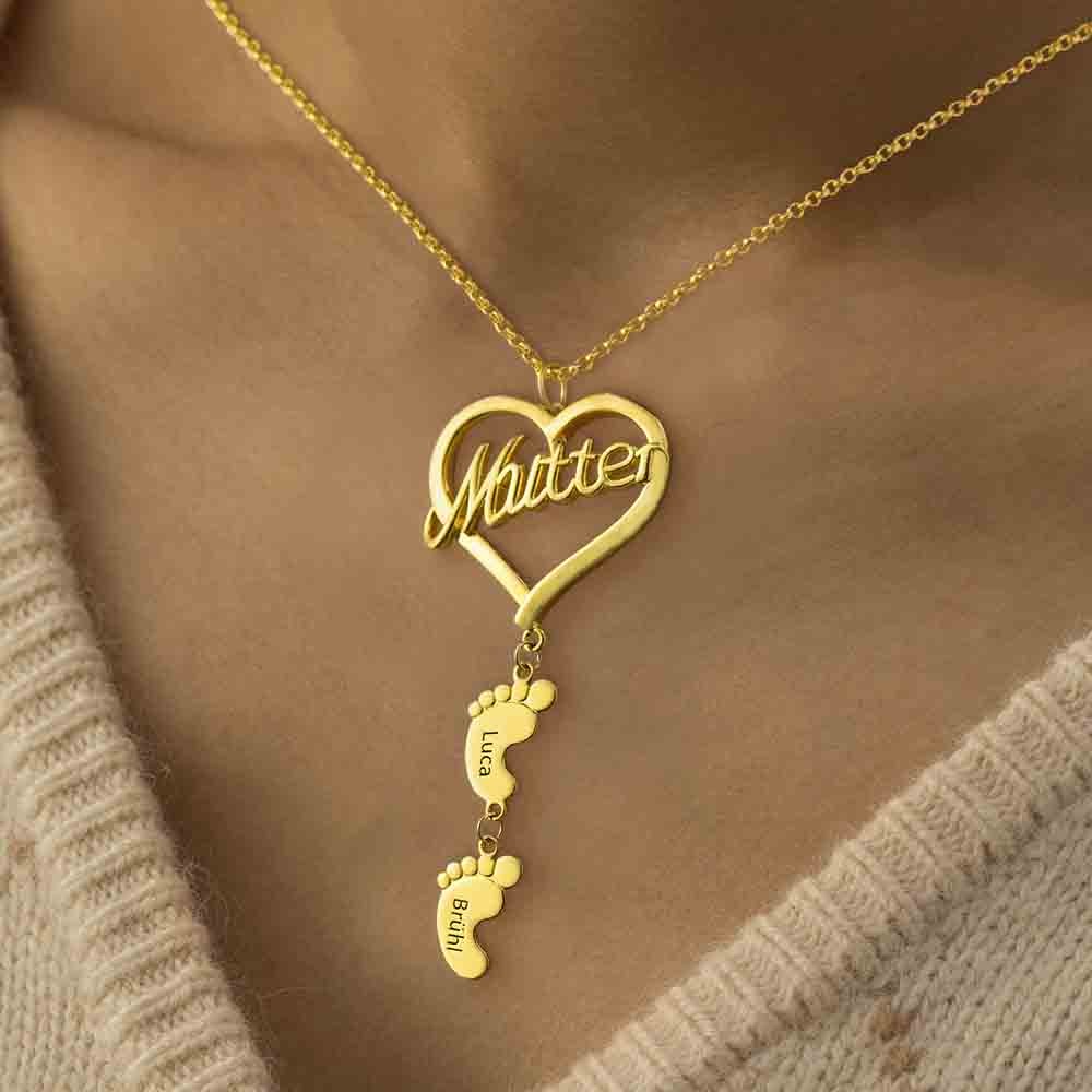 Personalised Mutter Heart Pendant With Baby Feet Name Engraved Necklace Mother's Day Gift Ideas