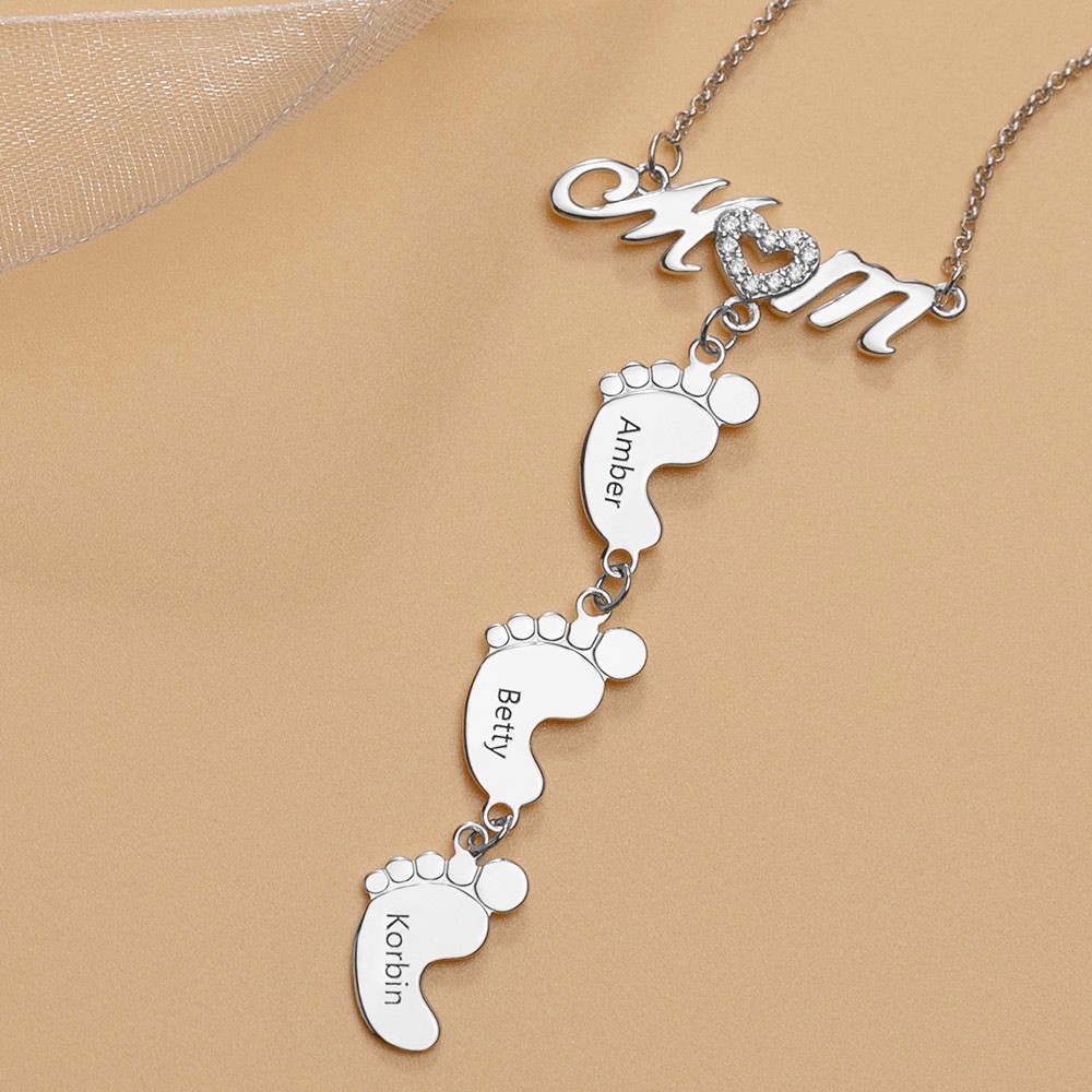 Silver Personalised MoM Heart Engraved Name Necklaces With 1-10 Baby Feet Charms