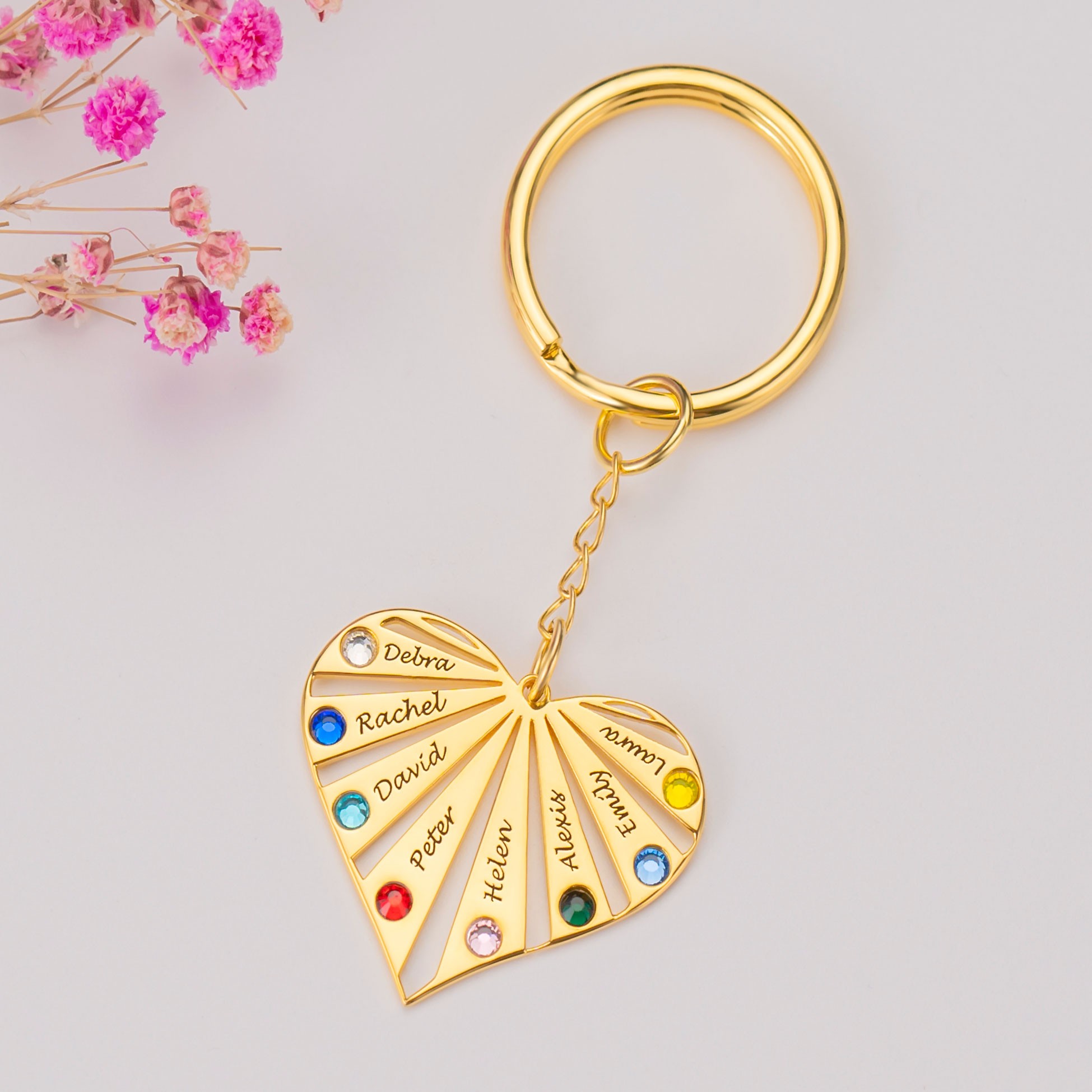 18K Gold Plating Personalised 1-8 Engraving Names with Birthstone Key Chain Gift