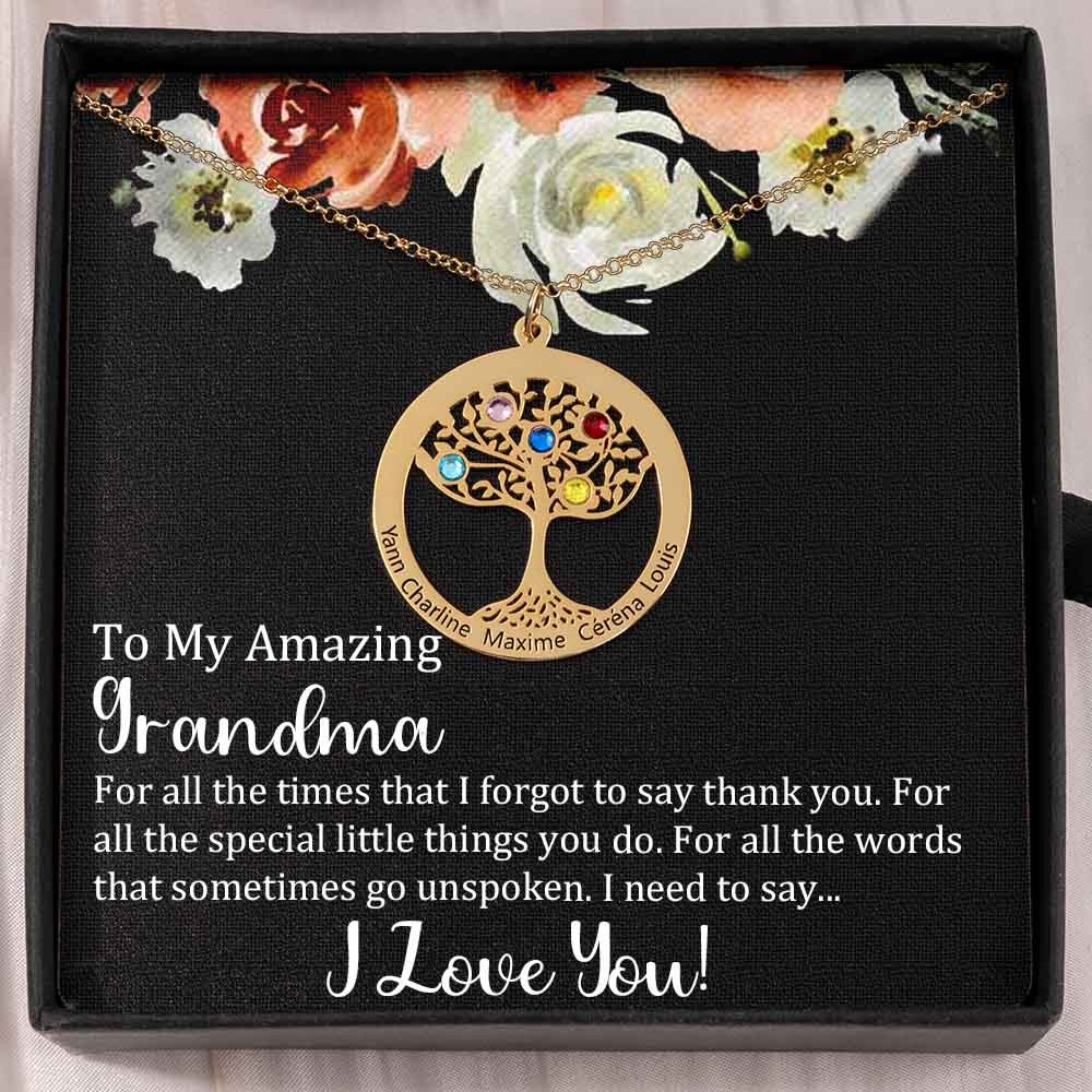 To My Grandma Personalised Family Tree Name Birthstone Necklaces