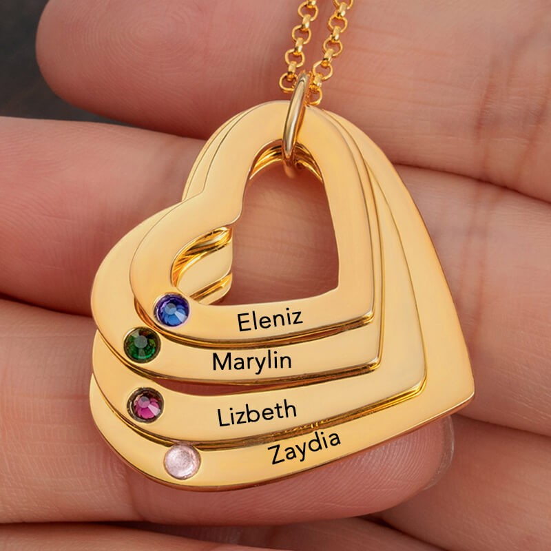 Personalised 1-6 Heart Name Necklaces With Birthstone For Mum Family Christmas Gift