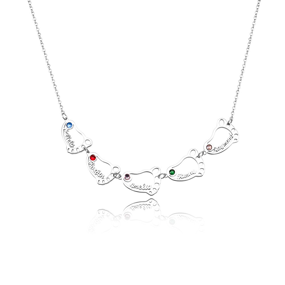Silver Personalised 1-8 Hollow Baby Feet Engravable Family Name Necklace With Birthstone