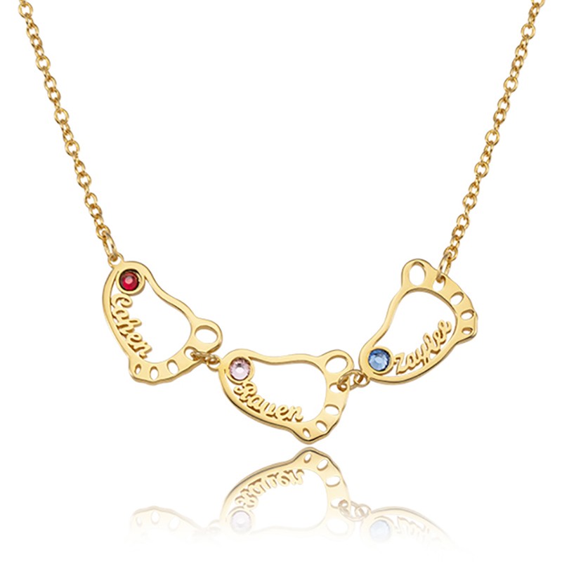 Personalised 1-8 Hollow Baby Feet Engravable Family Name Necklace With Birthstone