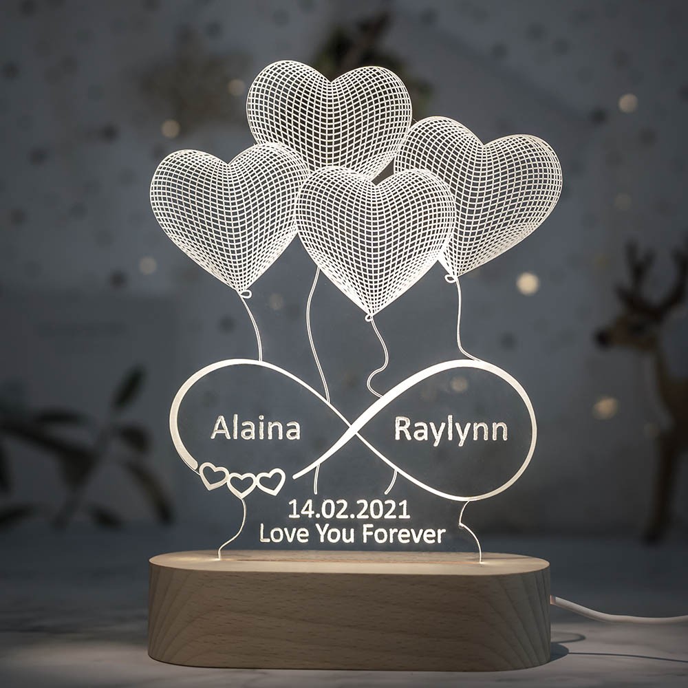 Personalised 3D Illusion Lamp Night With Names Engraved For Her Girlfriend Wife