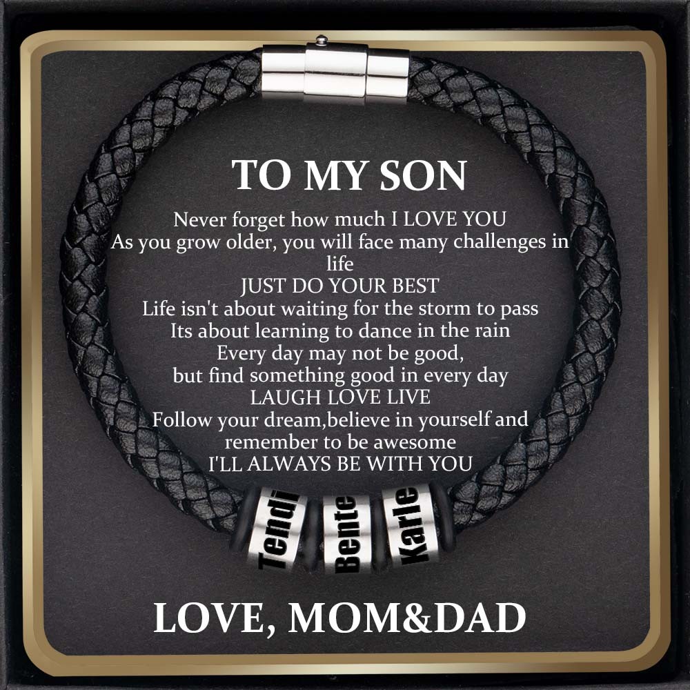 Custom To My Son Black Bead Bracelet with Name Engraved Gift From Dad Mum