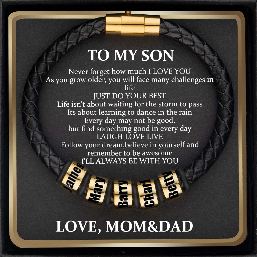 Custom To My Son Black Bead Bracelet with Name From Dad Mum