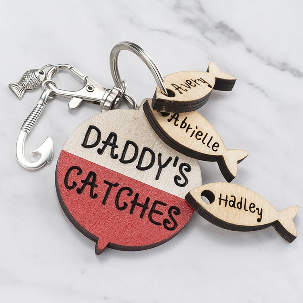 Father's Day Gift Personalised 1-10 Name Engraved Fishing Keychain Daddy Dad Grampa's Catcher