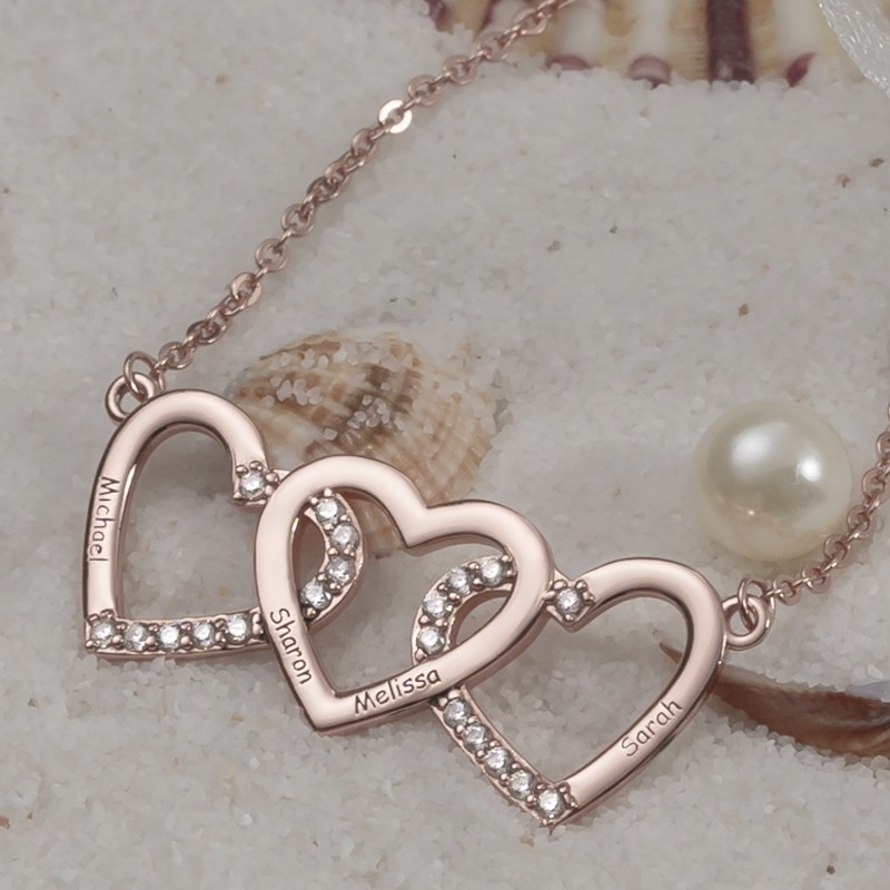 18K Rose Gold Plating Personalised Hearts Engraved Name Necklace Valentine's Day Gift
