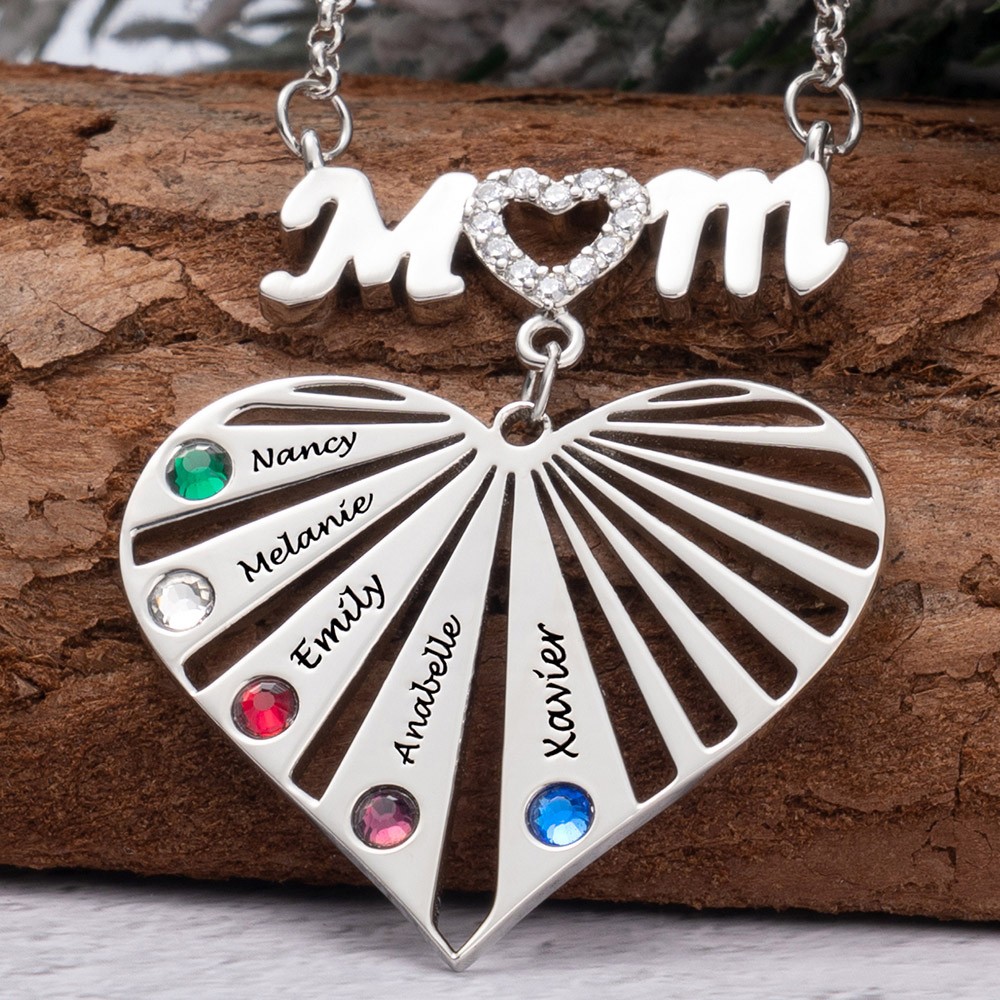 Custom Mum Heart Necklace With Kids Name and Birthstone For Mother's Day Christmas Birthday