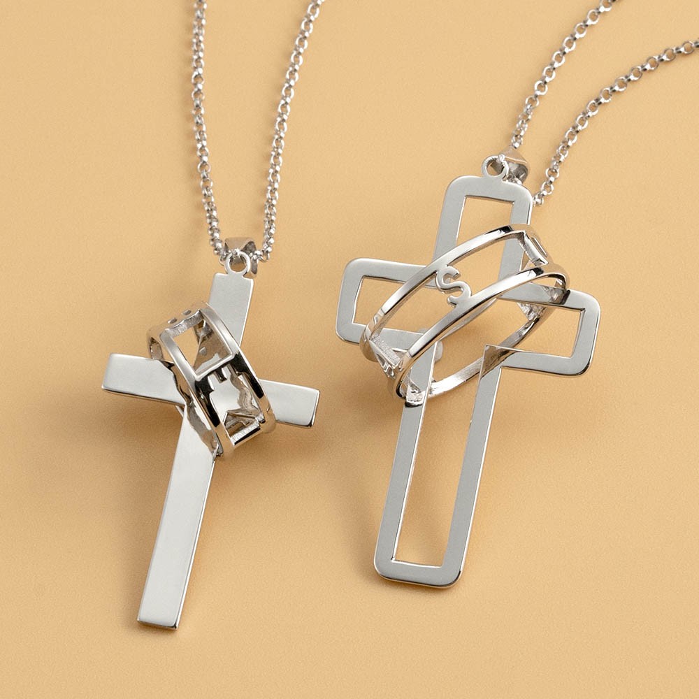 Personalised Couple Symbol of Faith Cross Necklace with Halo Name Engraved Ring Two Necklaces