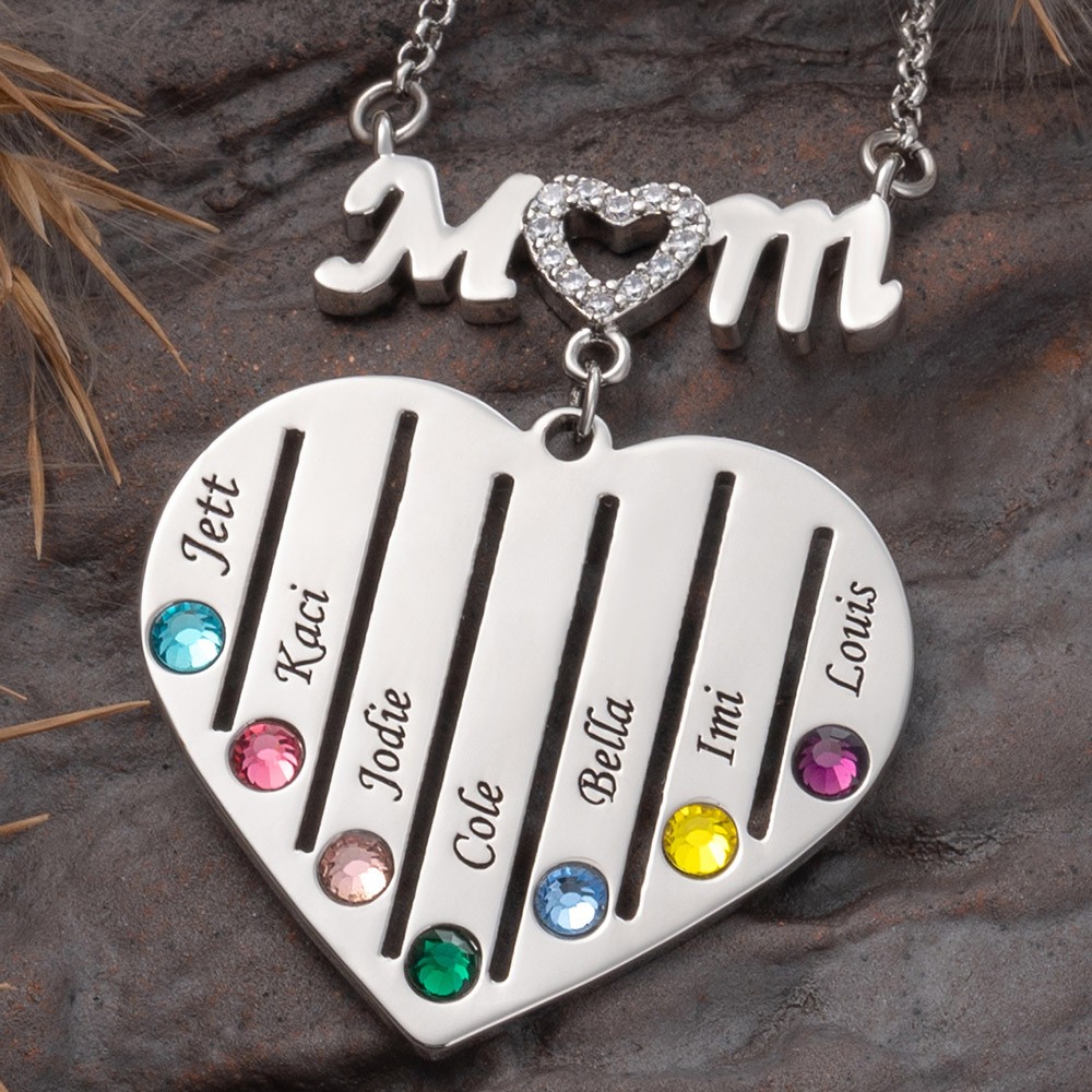 Custom Mum Heart Necklace With Kids Name and Birthstone For Mother's Day Christmas Birthday Gift Ideas