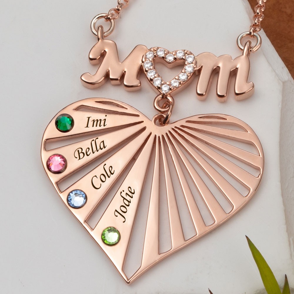 Custom Mum Heart Necklace With Kids Name and Birthstone For Mother's Day Christmas Birthday