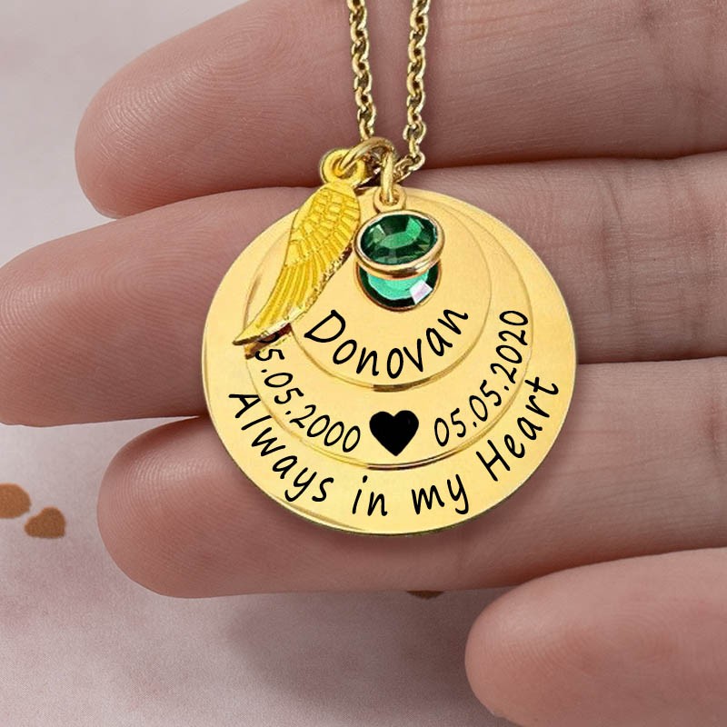 Personalised Engraved Always in my Heart Memorial Gold Necklace With Birthstone