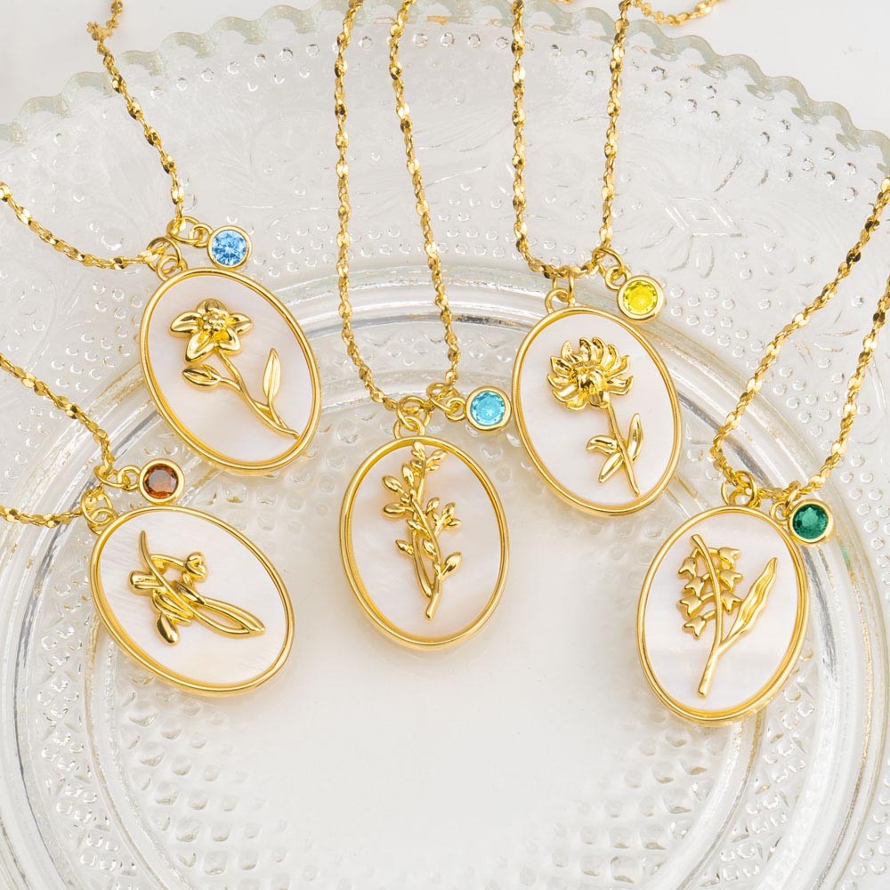 Personalised Dainty Birth Month Flower Mother Shell Gold Necklace With Birthstone For Mum