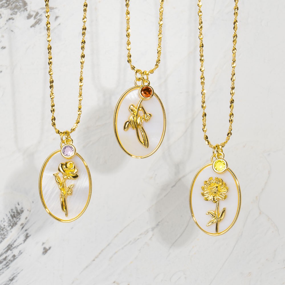 Personalised Dainty Birth Month Flower Mother Shell Gold Necklace With Birthstone For Mum