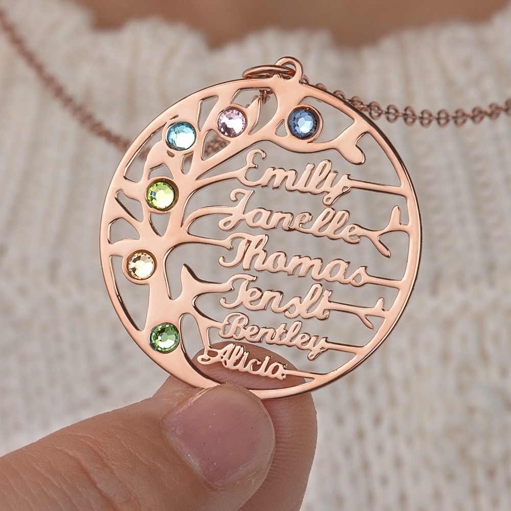 Personalised Tree-Design Family Tree Name Necklace With Birthstone