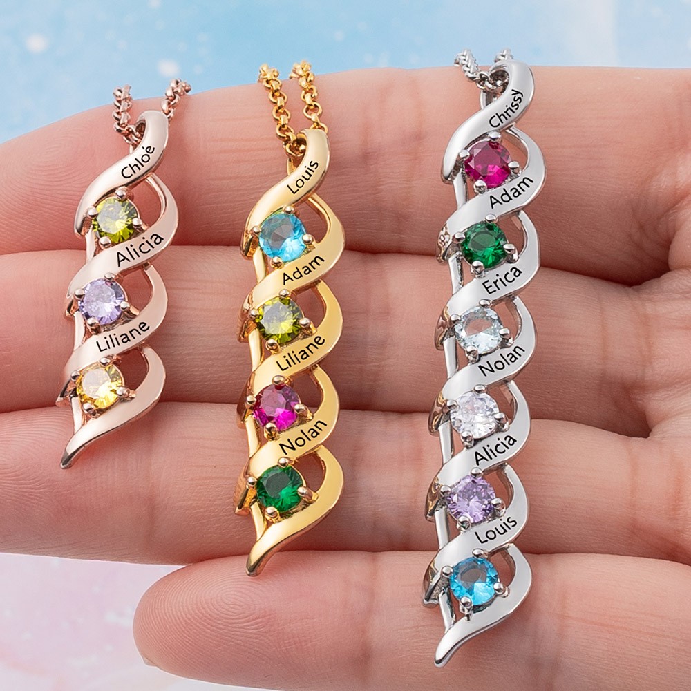 Personalised 1-8 Name Engraved and Birthstone DNA Style Necklaces For Mum Grandma