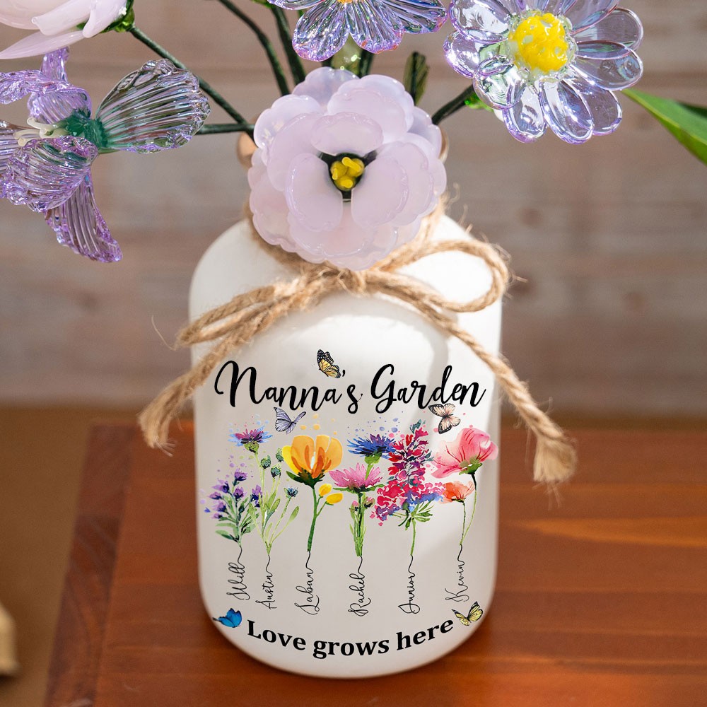 Personalised Nanna's Garden Vase With Grandkids Name and Birth Month Flower For Mother's Day