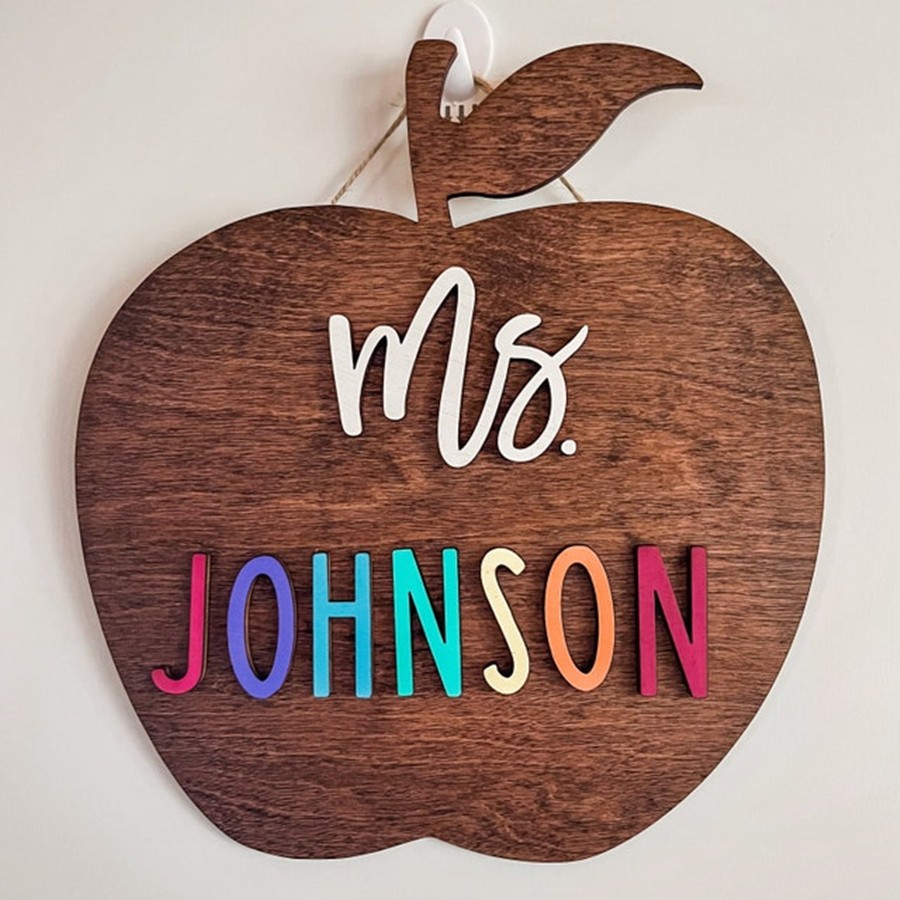 Personalised Teacher Name Wood Apple Sign Back to School Office Decor Christmas Gift