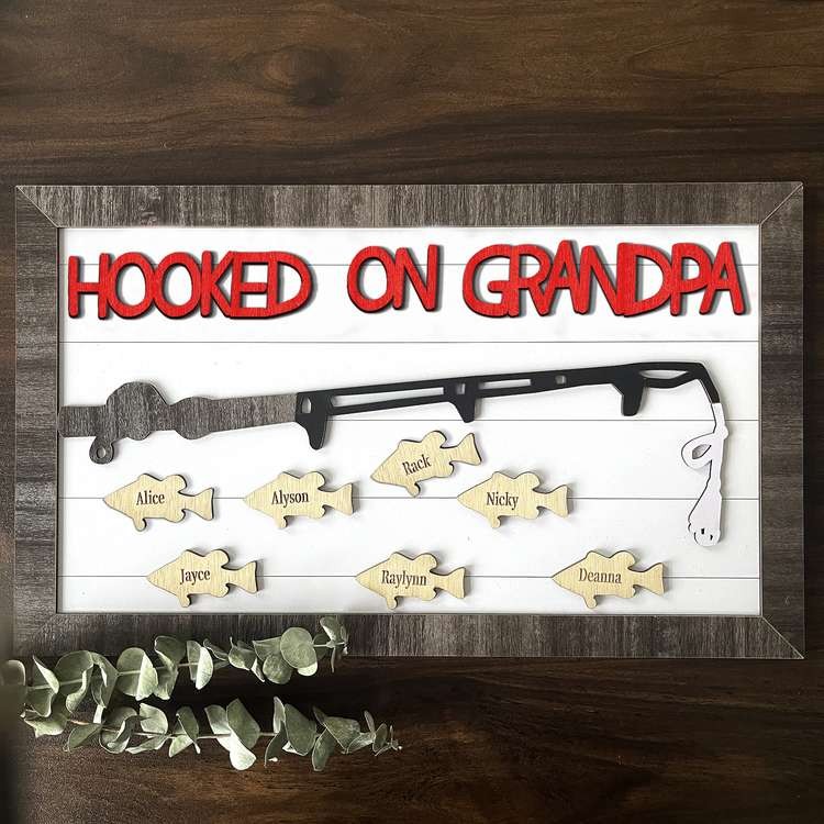 Hooked on Grandpa Personalised Fishing With Kids Name Gift For Father's Day