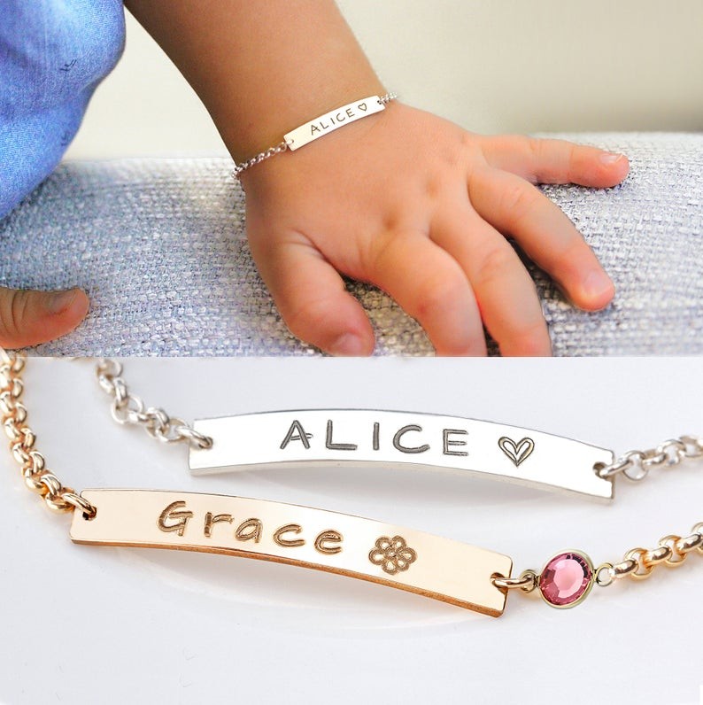 Personalised Birthstone Baby Name Engraving Bracelets