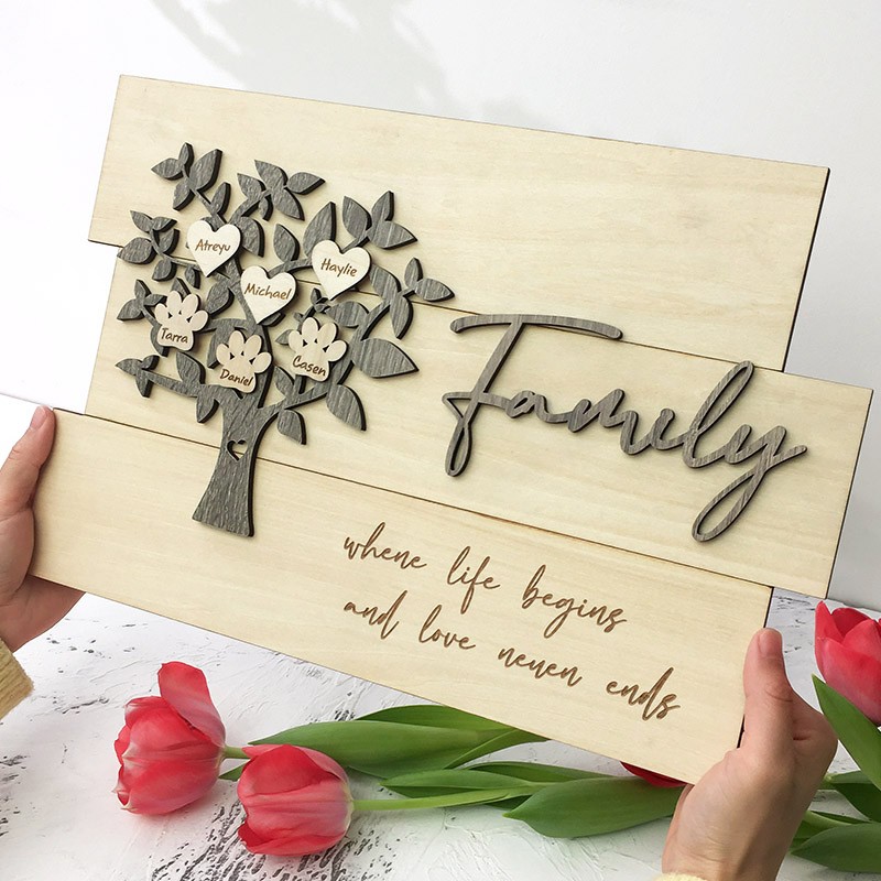 Custom Family Tree Wood Sign Name Engraved Home Wall Decor