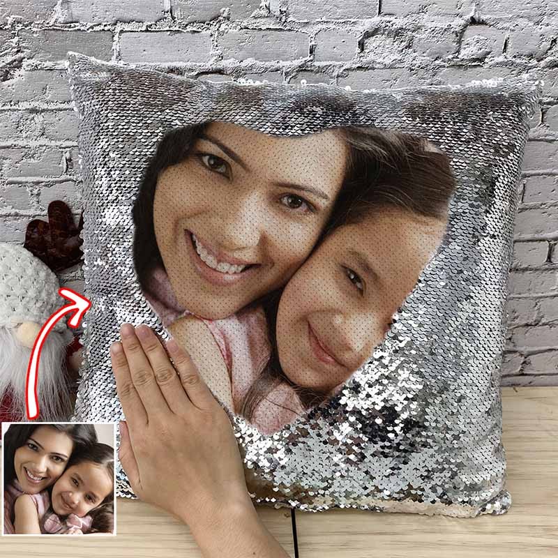 Personalised Silver Sequin Photo Pillow For Mother's Day