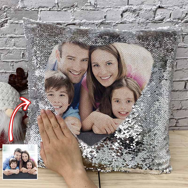 Personalised Silver Sequin Photo Pillow For Family