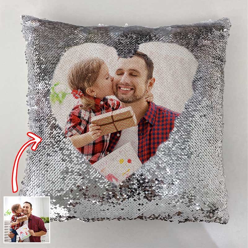 Personalised Silver Sequin Photo Pillow For Dad Father's Day