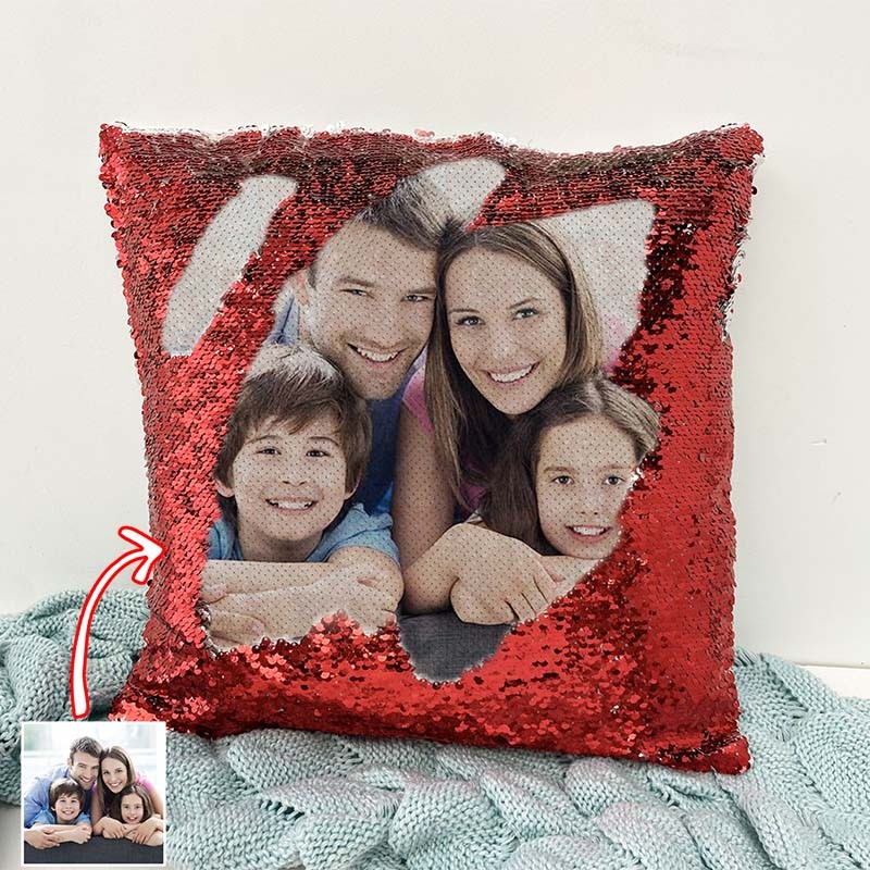 Personalised Red Sequin Photo Pillow For Family