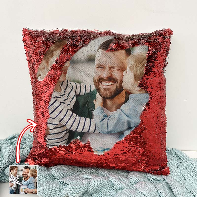 Personalised Red Sequin Photo Pillow For Dad Father's Day