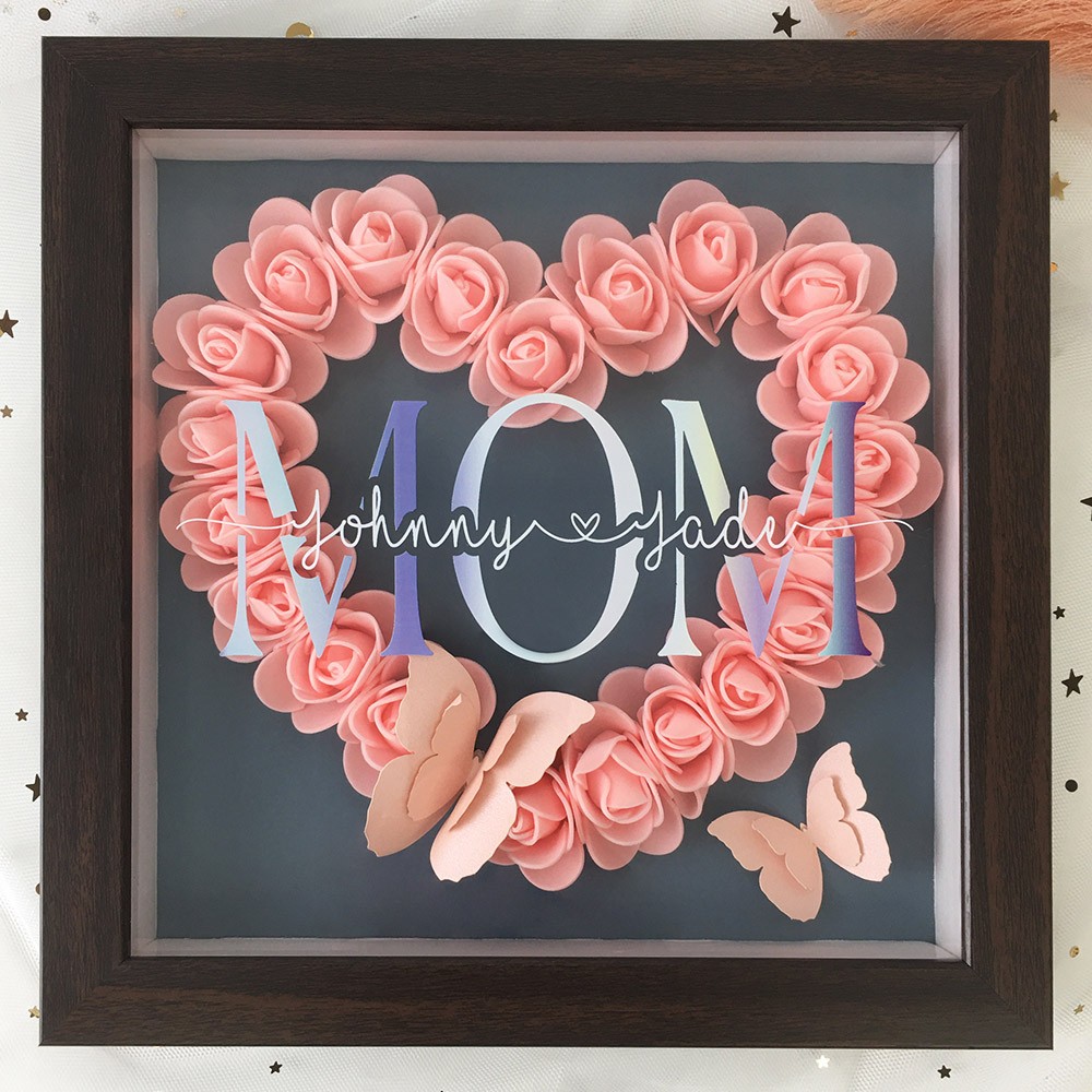 Personalised Mum Flower Shadow Box Red Oak Frame With Name For Mother's Day