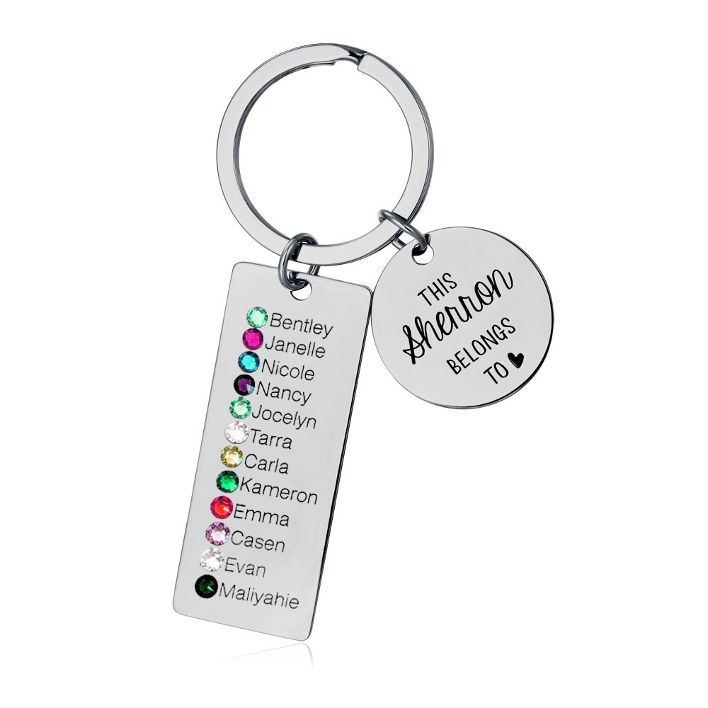 Personalised This Grandma Mum Grandpa Belongs to 1-8 Children Names with Birthstones Keychains